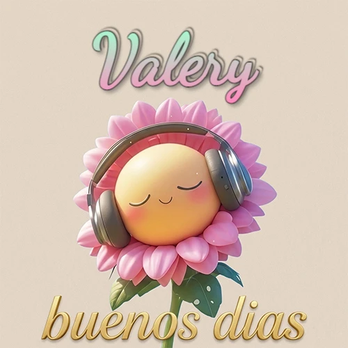 Girasol sonriente con auriculares grandes, pétalos rosados, nombre arriba en cursiva colorida, frase dorada abajo. Nombre personalizado: Valery.