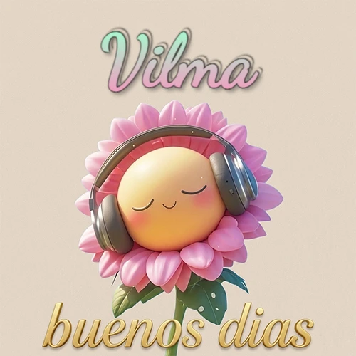 Girasol sonriente con auriculares grandes, pétalos rosados, nombre arriba en cursiva colorida, frase dorada abajo. Nombre personalizado: Vilma. Girasol sonriente con auriculares grandes, pétalos rosados, nombre arriba en cursiva colorida, frase dorada abajo. Nombre personalizado: Vilma.