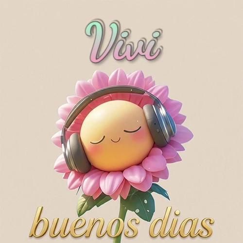 Girasol sonriente con auriculares grandes, pétalos rosados, nombre arriba en cursiva colorida, frase dorada abajo. Nombre personalizado: Vivi.