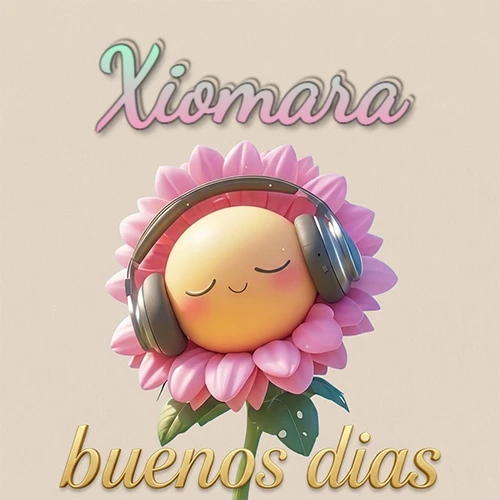 Girasol sonriente con auriculares grandes, pétalos rosados, nombre arriba en cursiva colorida, frase dorada abajo. Nombre personalizado: Xiomara.