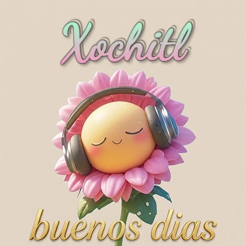 Girasol sonriente con auriculares grandes, pétalos rosados, nombre arriba en cursiva colorida, frase dorada abajo. Nombre personalizado: Xochitl.