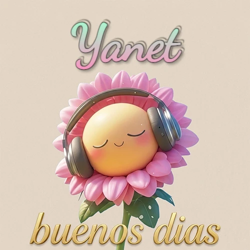 Girasol sonriente con auriculares grandes, pétalos rosados, nombre arriba en cursiva colorida, frase dorada abajo. Nombre personalizado: Yanet. Girasol sonriente con auriculares grandes, pétalos rosados, nombre arriba en cursiva colorida, frase dorada abajo. Nombre personalizado: Yanet.