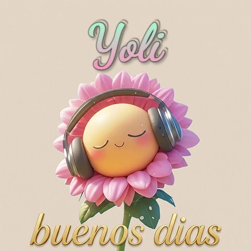 Girasol sonriente con auriculares grandes, pétalos rosados, nombre arriba en cursiva colorida, frase dorada abajo. Nombre personalizado: Yoli.
