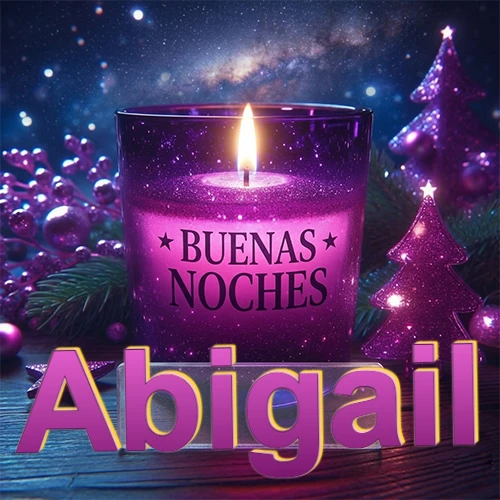 Vela morada brillante dentro de un vaso de vidrio, con la frase 'BUENAS NOCHES', rodeada de adornos festivos brillantes y pequeños árboles de Navidad bajo un cielo nocturno estrellado. El nombre aparece en un marco de vidrio transparente rectangular debajo del vaso. Nombre personalizado: Abigail. Vela morada brillante dentro de un vaso de vidrio, con la frase 'BUENAS NOCHES', rodeada de adornos festivos brillantes y pequeños árboles de Navidad bajo un cielo nocturno estrellado. El nombre aparece en un marco de vidrio transparente rectangular debajo del vaso. Nombre personalizado: Abigail.