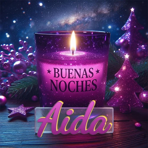 Vela morada brillante dentro de un vaso de vidrio, con la frase 'BUENAS NOCHES', rodeada de adornos festivos brillantes y pequeños árboles de Navidad bajo un cielo nocturno estrellado. El nombre aparece en un marco de vidrio transparente rectangular debajo del vaso. Nombre personalizado: Aida. Vela morada brillante dentro de un vaso de vidrio, con la frase 'BUENAS NOCHES', rodeada de adornos festivos brillantes y pequeños árboles de Navidad bajo un cielo nocturno estrellado. El nombre aparece en un marco de vidrio transparente rectangular debajo del vaso. Nombre personalizado: Aida.