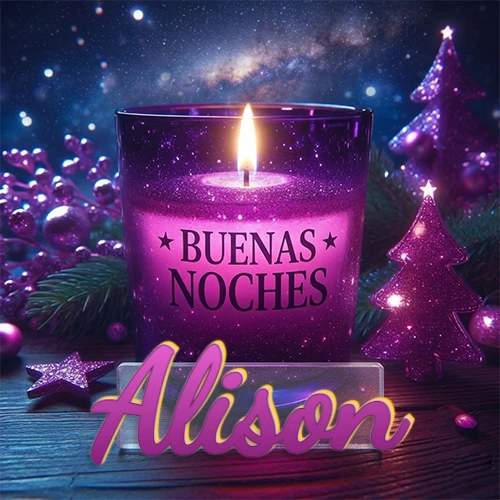 Vela morada brillante dentro de un vaso de vidrio, con la frase 'BUENAS NOCHES', rodeada de adornos festivos brillantes y pequeños árboles de Navidad bajo un cielo nocturno estrellado. El nombre aparece en un marco de vidrio transparente rectangular debajo del vaso. Nombre personalizado: Alison. Vela morada brillante dentro de un vaso de vidrio, con la frase 'BUENAS NOCHES', rodeada de adornos festivos brillantes y pequeños árboles de Navidad bajo un cielo nocturno estrellado. El nombre aparece en un marco de vidrio transparente rectangular debajo del vaso. Nombre personalizado: Alison.
