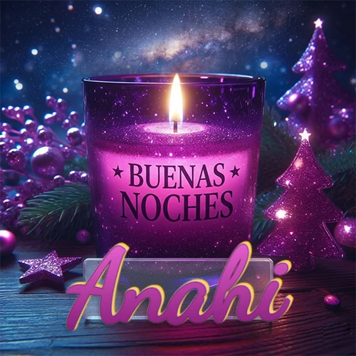 Vela morada brillante dentro de un vaso de vidrio, con la frase 'BUENAS NOCHES', rodeada de adornos festivos brillantes y pequeños árboles de Navidad bajo un cielo nocturno estrellado. El nombre aparece en un marco de vidrio transparente rectangular debajo del vaso. Nombre personalizado: Anahi. Vela morada brillante dentro de un vaso de vidrio, con la frase 'BUENAS NOCHES', rodeada de adornos festivos brillantes y pequeños árboles de Navidad bajo un cielo nocturno estrellado. El nombre aparece en un marco de vidrio transparente rectangular debajo del vaso. Nombre personalizado: Anahi.