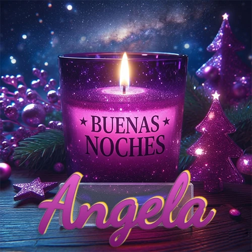 Vela morada brillante dentro de un vaso de vidrio, con la frase 'BUENAS NOCHES', rodeada de adornos festivos brillantes y pequeños árboles de Navidad bajo un cielo nocturno estrellado. El nombre aparece en un marco de vidrio transparente rectangular debajo del vaso. Nombre personalizado: Angela. Vela morada brillante dentro de un vaso de vidrio, con la frase 'BUENAS NOCHES', rodeada de adornos festivos brillantes y pequeños árboles de Navidad bajo un cielo nocturno estrellado. El nombre aparece en un marco de vidrio transparente rectangular debajo del vaso. Nombre personalizado: Angela.