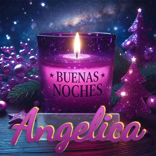 Vela morada brillante dentro de un vaso de vidrio, con la frase 'BUENAS NOCHES', rodeada de adornos festivos brillantes y pequeños árboles de Navidad bajo un cielo nocturno estrellado. El nombre aparece en un marco de vidrio transparente rectangular debajo del vaso. Nombre personalizado: Angelica. Vela morada brillante dentro de un vaso de vidrio, con la frase 'BUENAS NOCHES', rodeada de adornos festivos brillantes y pequeños árboles de Navidad bajo un cielo nocturno estrellado. El nombre aparece en un marco de vidrio transparente rectangular debajo del vaso. Nombre personalizado: Angelica.
