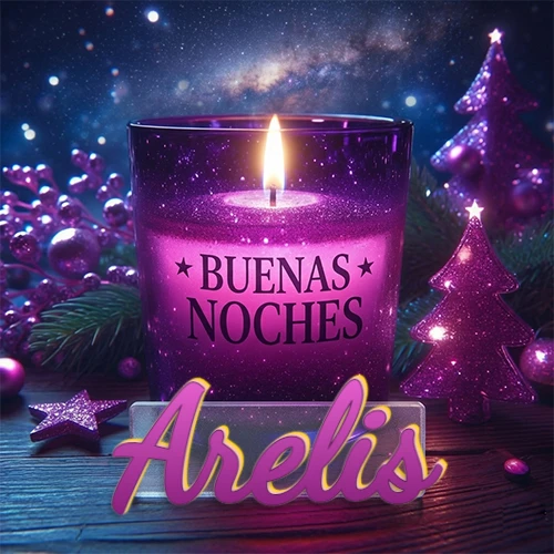Vela morada brillante dentro de un vaso de vidrio, con la frase 'BUENAS NOCHES', rodeada de adornos festivos brillantes y pequeños árboles de Navidad bajo un cielo nocturno estrellado. El nombre aparece en un marco de vidrio transparente rectangular debajo del vaso. Nombre personalizado: Arelis. Vela morada brillante dentro de un vaso de vidrio, con la frase 'BUENAS NOCHES', rodeada de adornos festivos brillantes y pequeños árboles de Navidad bajo un cielo nocturno estrellado. El nombre aparece en un marco de vidrio transparente rectangular debajo del vaso. Nombre personalizado: Arelis.
