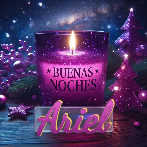 Vela morada brillante dentro de un vaso de vidrio, con la frase 'BUENAS NOCHES', rodeada de adornos festivos brillantes y pequeños árboles de Navidad bajo un cielo nocturno estrellado. El nombre aparece en un marco de vidrio transparente rectangular debajo del vaso. Nombre personalizado: Ariel. Vela morada brillante dentro de un vaso de vidrio, con la frase 'BUENAS NOCHES', rodeada de adornos festivos brillantes y pequeños árboles de Navidad bajo un cielo nocturno estrellado. El nombre aparece en un marco de vidrio transparente rectangular debajo del vaso. Nombre personalizado: Ariel.