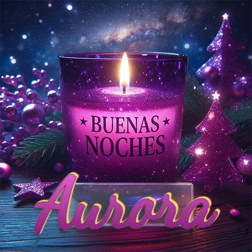 Vela morada brillante dentro de un vaso de vidrio, con la frase 'BUENAS NOCHES', rodeada de adornos festivos brillantes y pequeños árboles de Navidad bajo un cielo nocturno estrellado. El nombre aparece en un marco de vidrio transparente rectangular debajo del vaso. Nombre personalizado: Aurora. Vela morada brillante dentro de un vaso de vidrio, con la frase 'BUENAS NOCHES', rodeada de adornos festivos brillantes y pequeños árboles de Navidad bajo un cielo nocturno estrellado. El nombre aparece en un marco de vidrio transparente rectangular debajo del vaso. Nombre personalizado: Aurora.