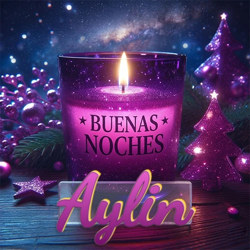 Vela morada brillante dentro de un vaso de vidrio, con la frase 'BUENAS NOCHES', rodeada de adornos festivos brillantes y pequeños árboles de Navidad bajo un cielo nocturno estrellado. El nombre aparece en un marco de vidrio transparente rectangular debajo del vaso. Nombre personalizado: Aylin. Vela morada brillante dentro de un vaso de vidrio, con la frase 'BUENAS NOCHES', rodeada de adornos festivos brillantes y pequeños árboles de Navidad bajo un cielo nocturno estrellado. El nombre aparece en un marco de vidrio transparente rectangular debajo del vaso. Nombre personalizado: Aylin.