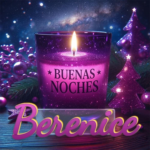 Vela morada brillante dentro de un vaso de vidrio, con la frase 'BUENAS NOCHES', rodeada de adornos festivos brillantes y pequeños árboles de Navidad bajo un cielo nocturno estrellado. El nombre aparece en un marco de vidrio transparente rectangular debajo del vaso. Nombre personalizado: Berenice. Vela morada brillante dentro de un vaso de vidrio, con la frase 'BUENAS NOCHES', rodeada de adornos festivos brillantes y pequeños árboles de Navidad bajo un cielo nocturno estrellado. El nombre aparece en un marco de vidrio transparente rectangular debajo del vaso. Nombre personalizado: Berenice.