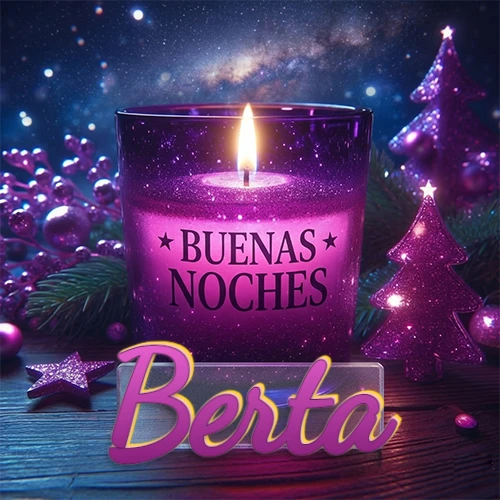 Vela morada brillante dentro de un vaso de vidrio, con la frase 'BUENAS NOCHES', rodeada de adornos festivos brillantes y pequeños árboles de Navidad bajo un cielo nocturno estrellado. El nombre aparece en un marco de vidrio transparente rectangular debajo del vaso. Nombre personalizado: Berta.