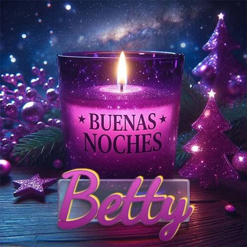Vela morada brillante dentro de un vaso de vidrio, con la frase 'BUENAS NOCHES', rodeada de adornos festivos brillantes y pequeños árboles de Navidad bajo un cielo nocturno estrellado. El nombre aparece en un marco de vidrio transparente rectangular debajo del vaso. Nombre personalizado: Betty. Vela morada brillante dentro de un vaso de vidrio, con la frase 'BUENAS NOCHES', rodeada de adornos festivos brillantes y pequeños árboles de Navidad bajo un cielo nocturno estrellado. El nombre aparece en un marco de vidrio transparente rectangular debajo del vaso. Nombre personalizado: Betty.