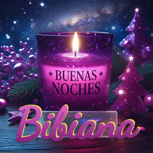 Vela morada brillante dentro de un vaso de vidrio, con la frase 'BUENAS NOCHES', rodeada de adornos festivos brillantes y pequeños árboles de Navidad bajo un cielo nocturno estrellado. El nombre aparece en un marco de vidrio transparente rectangular debajo del vaso. Nombre personalizado: Bibiana. Vela morada brillante dentro de un vaso de vidrio, con la frase 'BUENAS NOCHES', rodeada de adornos festivos brillantes y pequeños árboles de Navidad bajo un cielo nocturno estrellado. El nombre aparece en un marco de vidrio transparente rectangular debajo del vaso. Nombre personalizado: Bibiana.