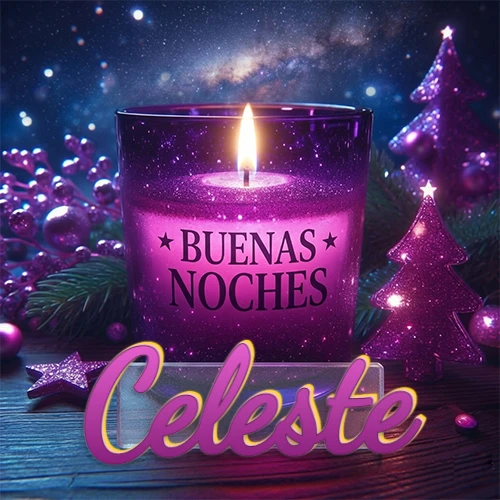 Vela morada brillante dentro de un vaso de vidrio, con la frase 'BUENAS NOCHES', rodeada de adornos festivos brillantes y pequeños árboles de Navidad bajo un cielo nocturno estrellado. El nombre aparece en un marco de vidrio transparente rectangular debajo del vaso. Nombre personalizado: Celeste.