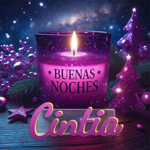 Vela morada brillante dentro de un vaso de vidrio, con la frase 'BUENAS NOCHES', rodeada de adornos festivos brillantes y pequeños árboles de Navidad bajo un cielo nocturno estrellado. El nombre aparece en un marco de vidrio transparente rectangular debajo del vaso. Nombre personalizado: Cintia. Vela morada brillante dentro de un vaso de vidrio, con la frase 'BUENAS NOCHES', rodeada de adornos festivos brillantes y pequeños árboles de Navidad bajo un cielo nocturno estrellado. El nombre aparece en un marco de vidrio transparente rectangular debajo del vaso. Nombre personalizado: Cintia.