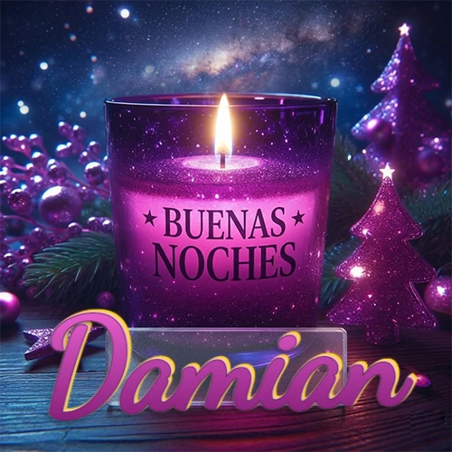 Vela morada brillante dentro de un vaso de vidrio, con la frase 'BUENAS NOCHES', rodeada de adornos festivos brillantes y pequeños árboles de Navidad bajo un cielo nocturno estrellado. El nombre aparece en un marco de vidrio transparente rectangular debajo del vaso. Nombre personalizado: Damian.