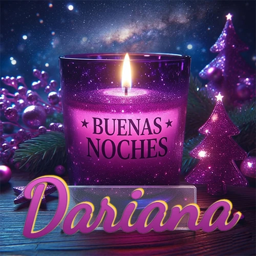 Vela morada brillante dentro de un vaso de vidrio, con la frase 'BUENAS NOCHES', rodeada de adornos festivos brillantes y pequeños árboles de Navidad bajo un cielo nocturno estrellado. El nombre aparece en un marco de vidrio transparente rectangular debajo del vaso. Nombre personalizado: Dariana. Vela morada brillante dentro de un vaso de vidrio, con la frase 'BUENAS NOCHES', rodeada de adornos festivos brillantes y pequeños árboles de Navidad bajo un cielo nocturno estrellado. El nombre aparece en un marco de vidrio transparente rectangular debajo del vaso. Nombre personalizado: Dariana.