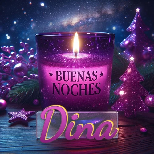 Vela morada brillante dentro de un vaso de vidrio, con la frase 'BUENAS NOCHES', rodeada de adornos festivos brillantes y pequeños árboles de Navidad bajo un cielo nocturno estrellado. El nombre aparece en un marco de vidrio transparente rectangular debajo del vaso. Nombre personalizado: Dina. Vela morada brillante dentro de un vaso de vidrio, con la frase 'BUENAS NOCHES', rodeada de adornos festivos brillantes y pequeños árboles de Navidad bajo un cielo nocturno estrellado. El nombre aparece en un marco de vidrio transparente rectangular debajo del vaso. Nombre personalizado: Dina.