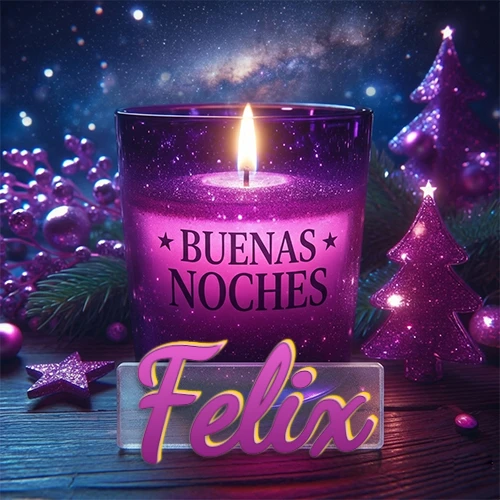 Vela morada brillante dentro de un vaso de vidrio, con la frase 'BUENAS NOCHES', rodeada de adornos festivos brillantes y pequeños árboles de Navidad bajo un cielo nocturno estrellado. El nombre aparece en un marco de vidrio transparente rectangular debajo del vaso. Nombre personalizado: Felix.