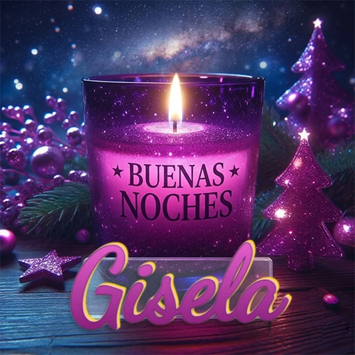 Vela morada brillante dentro de un vaso de vidrio, con la frase 'BUENAS NOCHES', rodeada de adornos festivos brillantes y pequeños árboles de Navidad bajo un cielo nocturno estrellado. El nombre aparece en un marco de vidrio transparente rectangular debajo del vaso. Nombre personalizado: Gisela.