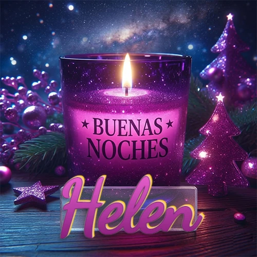 Vela morada brillante dentro de un vaso de vidrio, con la frase 'BUENAS NOCHES', rodeada de adornos festivos brillantes y pequeños árboles de Navidad bajo un cielo nocturno estrellado. El nombre aparece en un marco de vidrio transparente rectangular debajo del vaso. Nombre personalizado: Helen.