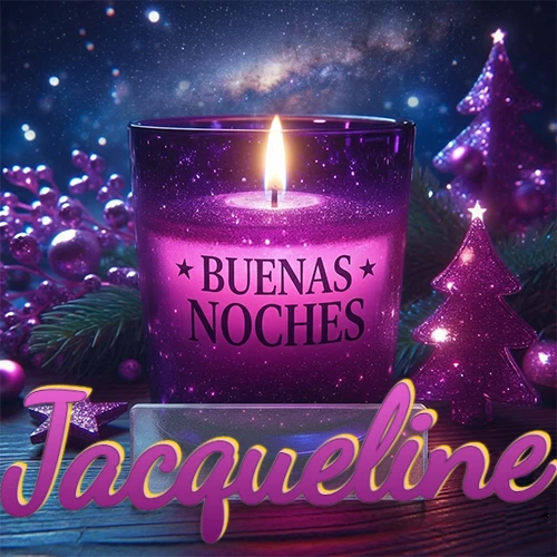 Vela morada brillante dentro de un vaso de vidrio, con la frase 'BUENAS NOCHES', rodeada de adornos festivos brillantes y pequeños árboles de Navidad bajo un cielo nocturno estrellado. El nombre aparece en un marco de vidrio transparente rectangular debajo del vaso. Nombre personalizado: Jacqueline.