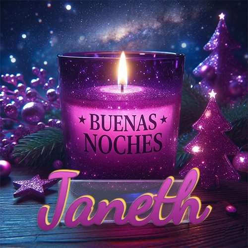 Vela morada brillante dentro de un vaso de vidrio, con la frase 'BUENAS NOCHES', rodeada de adornos festivos brillantes y pequeños árboles de Navidad bajo un cielo nocturno estrellado. El nombre aparece en un marco de vidrio transparente rectangular debajo del vaso. Nombre personalizado: Janeth.