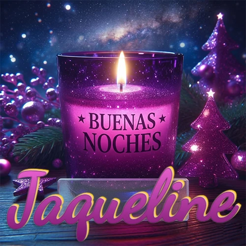 Vela morada brillante dentro de un vaso de vidrio, con la frase 'BUENAS NOCHES', rodeada de adornos festivos brillantes y pequeños árboles de Navidad bajo un cielo nocturno estrellado. El nombre aparece en un marco de vidrio transparente rectangular debajo del vaso. Nombre personalizado: Jaqueline.