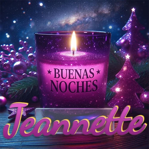 Vela morada brillante dentro de un vaso de vidrio, con la frase 'BUENAS NOCHES', rodeada de adornos festivos brillantes y pequeños árboles de Navidad bajo un cielo nocturno estrellado. El nombre aparece en un marco de vidrio transparente rectangular debajo del vaso. Nombre personalizado: Jeannette.