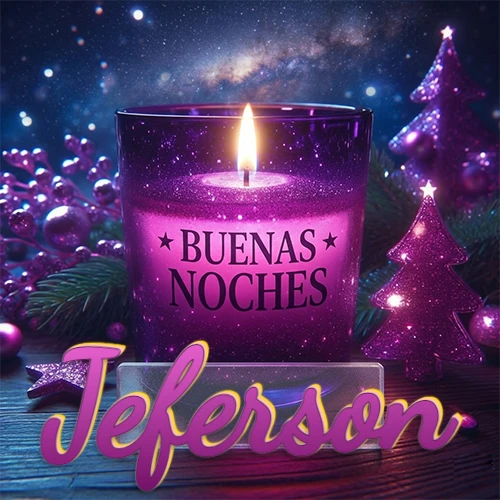 Vela morada brillante dentro de un vaso de vidrio, con la frase 'BUENAS NOCHES', rodeada de adornos festivos brillantes y pequeños árboles de Navidad bajo un cielo nocturno estrellado. El nombre aparece en un marco de vidrio transparente rectangular debajo del vaso. Nombre personalizado: Jeferson.