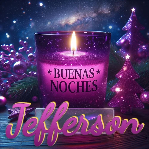 Vela morada brillante dentro de un vaso de vidrio, con la frase 'BUENAS NOCHES', rodeada de adornos festivos brillantes y pequeños árboles de Navidad bajo un cielo nocturno estrellado. El nombre aparece en un marco de vidrio transparente rectangular debajo del vaso. Nombre personalizado: Jefferson.