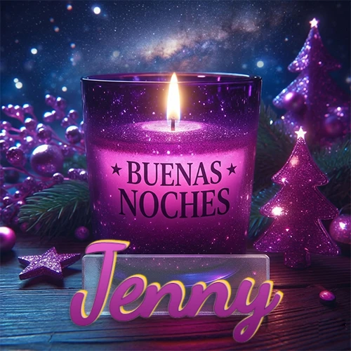 Vela morada brillante dentro de un vaso de vidrio, con la frase 'BUENAS NOCHES', rodeada de adornos festivos brillantes y pequeños árboles de Navidad bajo un cielo nocturno estrellado. El nombre aparece en un marco de vidrio transparente rectangular debajo del vaso. Nombre personalizado: Jenny.