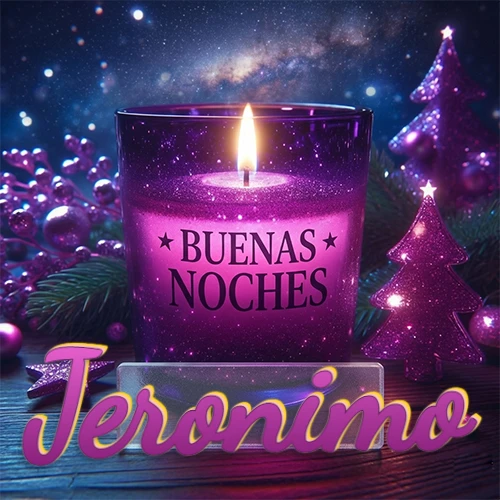 Vela morada brillante dentro de un vaso de vidrio, con la frase 'BUENAS NOCHES', rodeada de adornos festivos brillantes y pequeños árboles de Navidad bajo un cielo nocturno estrellado. El nombre aparece en un marco de vidrio transparente rectangular debajo del vaso. Nombre personalizado: Jeronimo.