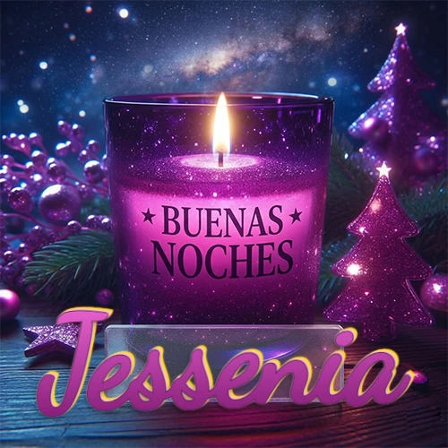 Vela morada brillante dentro de un vaso de vidrio, con la frase 'BUENAS NOCHES', rodeada de adornos festivos brillantes y pequeños árboles de Navidad bajo un cielo nocturno estrellado. El nombre aparece en un marco de vidrio transparente rectangular debajo del vaso. Nombre personalizado: Jessenia. Vela morada brillante dentro de un vaso de vidrio, con la frase 'BUENAS NOCHES', rodeada de adornos festivos brillantes y pequeños árboles de Navidad bajo un cielo nocturno estrellado. El nombre aparece en un marco de vidrio transparente rectangular debajo del vaso. Nombre personalizado: Jessenia.