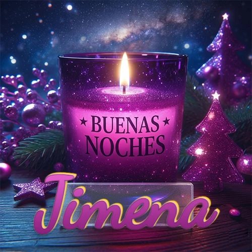 Vela morada brillante dentro de un vaso de vidrio, con la frase 'BUENAS NOCHES', rodeada de adornos festivos brillantes y pequeños árboles de Navidad bajo un cielo nocturno estrellado. El nombre aparece en un marco de vidrio transparente rectangular debajo del vaso. Nombre personalizado: Jimena.