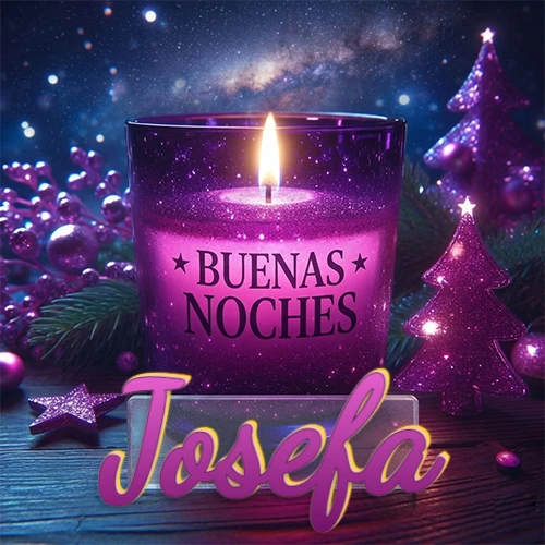 Vela morada brillante dentro de un vaso de vidrio, con la frase 'BUENAS NOCHES', rodeada de adornos festivos brillantes y pequeños árboles de Navidad bajo un cielo nocturno estrellado. El nombre aparece en un marco de vidrio transparente rectangular debajo del vaso. Nombre personalizado: Josefa. Vela morada brillante dentro de un vaso de vidrio, con la frase 'BUENAS NOCHES', rodeada de adornos festivos brillantes y pequeños árboles de Navidad bajo un cielo nocturno estrellado. El nombre aparece en un marco de vidrio transparente rectangular debajo del vaso. Nombre personalizado: Josefa.