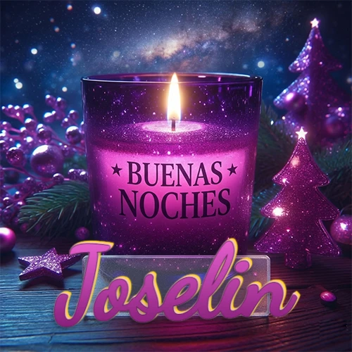 Vela morada brillante dentro de un vaso de vidrio, con la frase 'BUENAS NOCHES', rodeada de adornos festivos brillantes y pequeños árboles de Navidad bajo un cielo nocturno estrellado. El nombre aparece en un marco de vidrio transparente rectangular debajo del vaso. Nombre personalizado: Joselin.