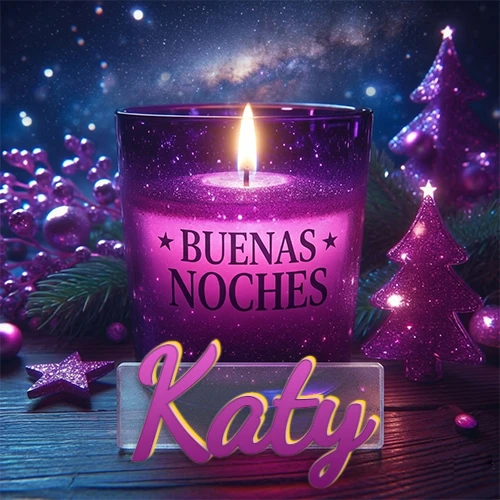 Vela morada brillante dentro de un vaso de vidrio, con la frase 'BUENAS NOCHES', rodeada de adornos festivos brillantes y pequeños árboles de Navidad bajo un cielo nocturno estrellado. El nombre aparece en un marco de vidrio transparente rectangular debajo del vaso. Nombre personalizado: Katy.