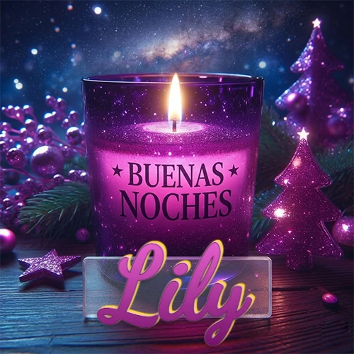 Vela morada brillante dentro de un vaso de vidrio, con la frase 'BUENAS NOCHES', rodeada de adornos festivos brillantes y pequeños árboles de Navidad bajo un cielo nocturno estrellado. El nombre aparece en un marco de vidrio transparente rectangular debajo del vaso. Nombre personalizado: Lily. Vela morada brillante dentro de un vaso de vidrio, con la frase 'BUENAS NOCHES', rodeada de adornos festivos brillantes y pequeños árboles de Navidad bajo un cielo nocturno estrellado. El nombre aparece en un marco de vidrio transparente rectangular debajo del vaso. Nombre personalizado: Lily.