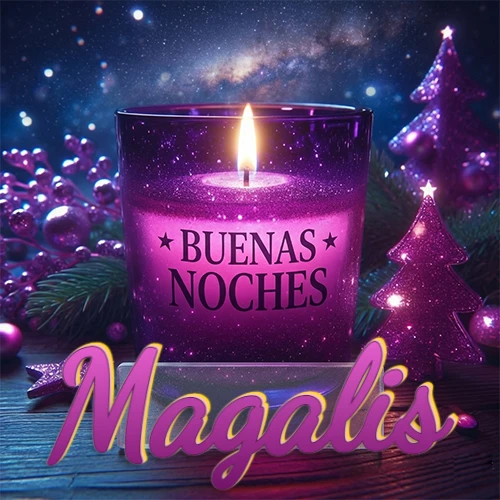 Vela morada brillante dentro de un vaso de vidrio, con la frase 'BUENAS NOCHES', rodeada de adornos festivos brillantes y pequeños árboles de Navidad bajo un cielo nocturno estrellado. El nombre aparece en un marco de vidrio transparente rectangular debajo del vaso. Nombre personalizado: Magalis. Vela morada brillante dentro de un vaso de vidrio, con la frase 'BUENAS NOCHES', rodeada de adornos festivos brillantes y pequeños árboles de Navidad bajo un cielo nocturno estrellado. El nombre aparece en un marco de vidrio transparente rectangular debajo del vaso. Nombre personalizado: Magalis.