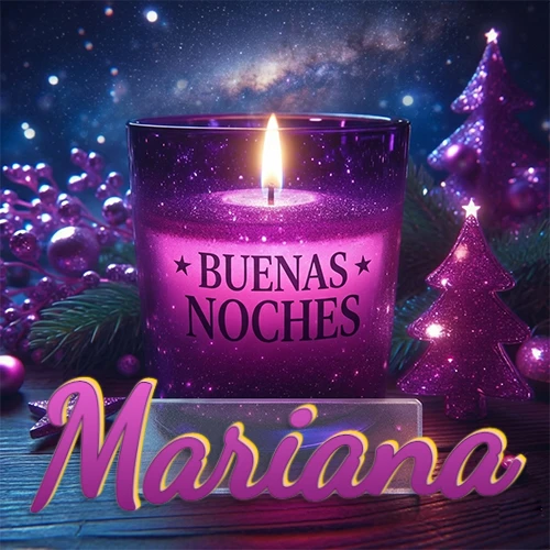 Vela morada brillante dentro de un vaso de vidrio, con la frase 'BUENAS NOCHES', rodeada de adornos festivos brillantes y pequeños árboles de Navidad bajo un cielo nocturno estrellado. El nombre aparece en un marco de vidrio transparente rectangular debajo del vaso. Nombre personalizado: Mariana.