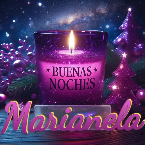 Vela morada brillante dentro de un vaso de vidrio, con la frase 'BUENAS NOCHES', rodeada de adornos festivos brillantes y pequeños árboles de Navidad bajo un cielo nocturno estrellado. El nombre aparece en un marco de vidrio transparente rectangular debajo del vaso. Nombre personalizado: Marianela. Vela morada brillante dentro de un vaso de vidrio, con la frase 'BUENAS NOCHES', rodeada de adornos festivos brillantes y pequeños árboles de Navidad bajo un cielo nocturno estrellado. El nombre aparece en un marco de vidrio transparente rectangular debajo del vaso. Nombre personalizado: Marianela.