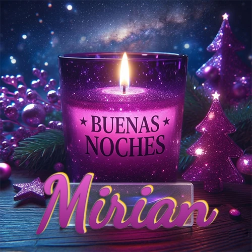 Vela morada brillante dentro de un vaso de vidrio, con la frase 'BUENAS NOCHES', rodeada de adornos festivos brillantes y pequeños árboles de Navidad bajo un cielo nocturno estrellado. El nombre aparece en un marco de vidrio transparente rectangular debajo del vaso. Nombre personalizado: Mirian.