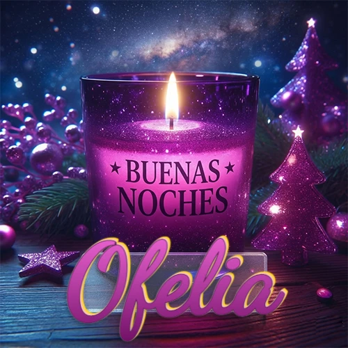 Vela morada brillante dentro de un vaso de vidrio, con la frase 'BUENAS NOCHES', rodeada de adornos festivos brillantes y pequeños árboles de Navidad bajo un cielo nocturno estrellado. El nombre aparece en un marco de vidrio transparente rectangular debajo del vaso. Nombre personalizado: Ofelia.