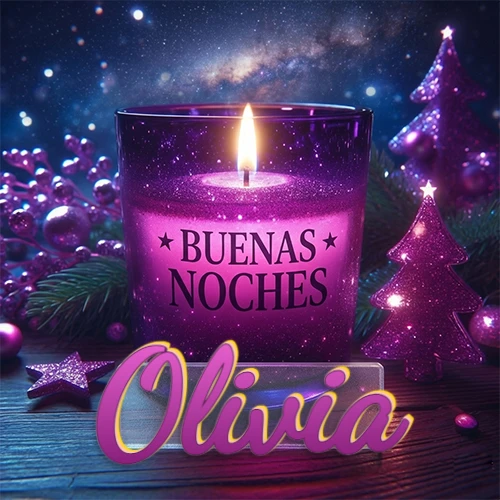 Vela morada brillante dentro de un vaso de vidrio, con la frase 'BUENAS NOCHES', rodeada de adornos festivos brillantes y pequeños árboles de Navidad bajo un cielo nocturno estrellado. El nombre aparece en un marco de vidrio transparente rectangular debajo del vaso. Nombre personalizado: Olivia.