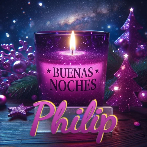Vela morada brillante dentro de un vaso de vidrio, con la frase 'BUENAS NOCHES', rodeada de adornos festivos brillantes y pequeños árboles de Navidad bajo un cielo nocturno estrellado. El nombre aparece en un marco de vidrio transparente rectangular debajo del vaso. Nombre personalizado: Philip.